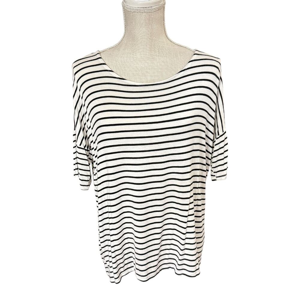 SOFT Elbow Sleeve Tee Scoop Neck Black White Stripe Sz Small Rayon/Spandex